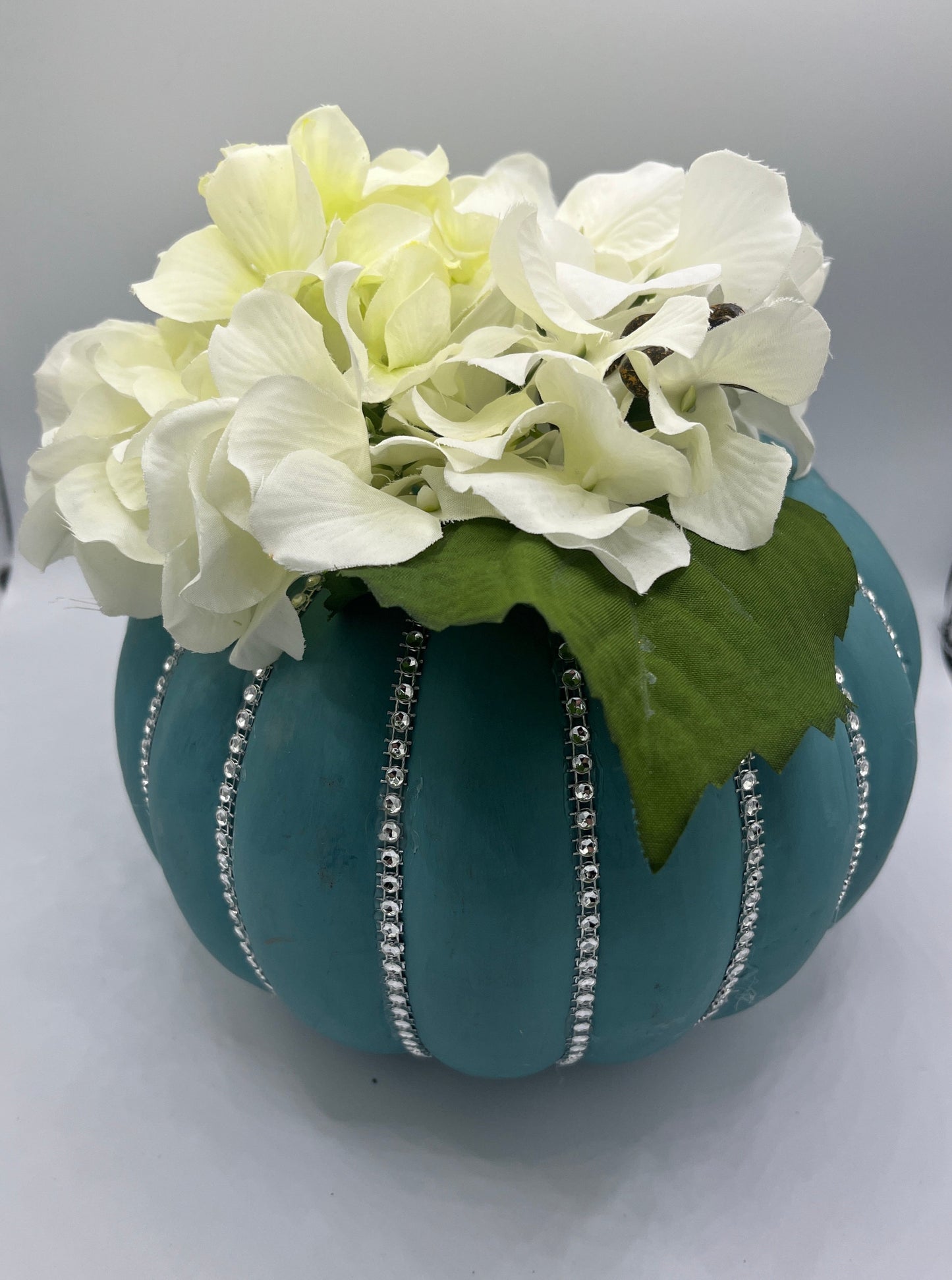 Large Teal Bling Pumpkin with Hydrangeas