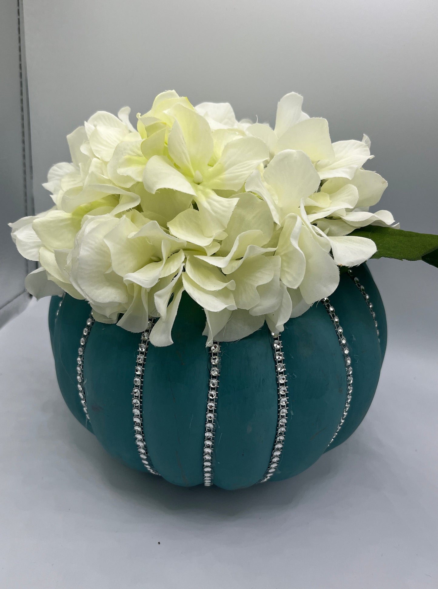 Large Teal Bling Pumpkin with Hydrangeas