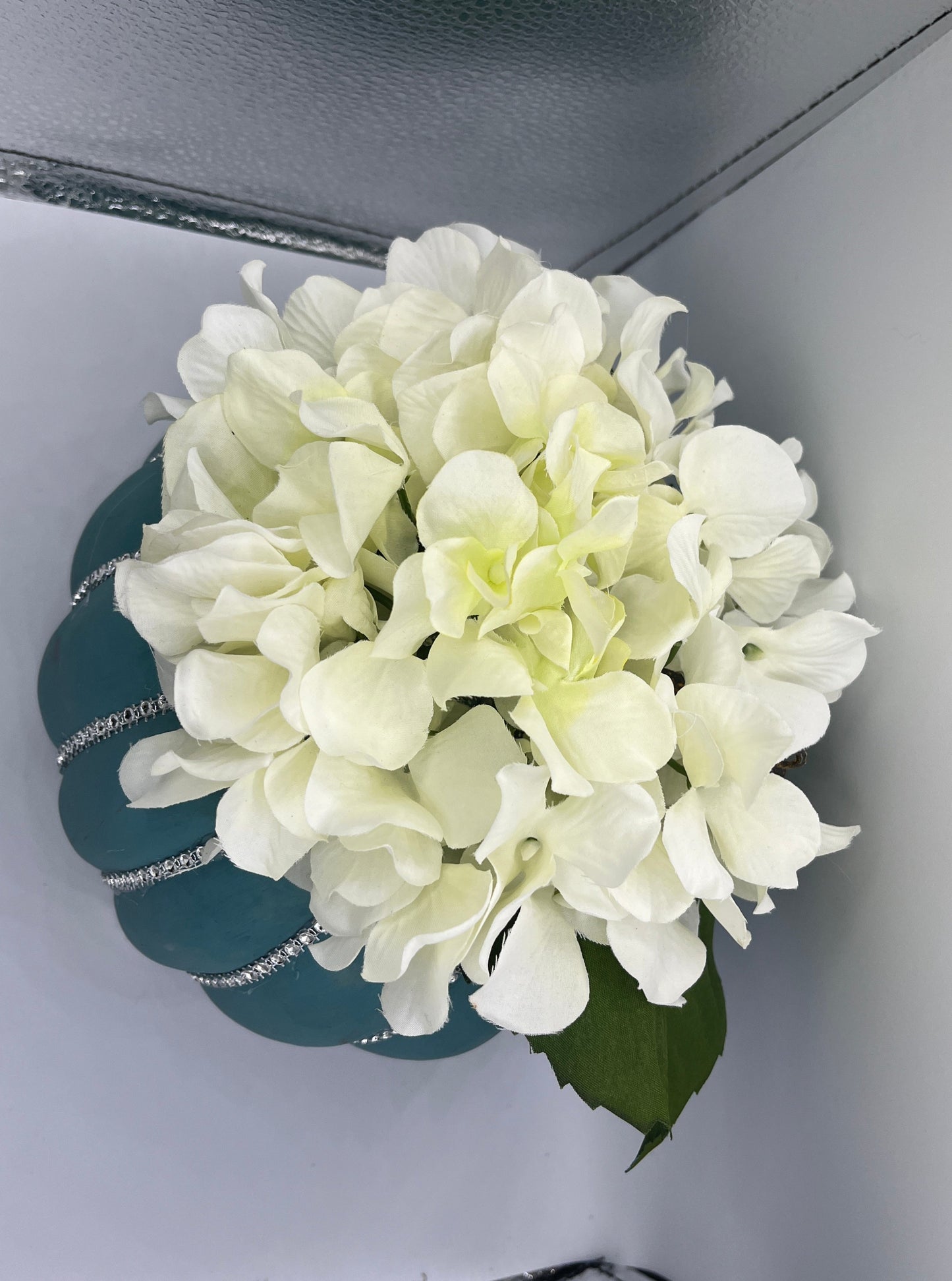 Large Teal Bling Pumpkin with Hydrangeas