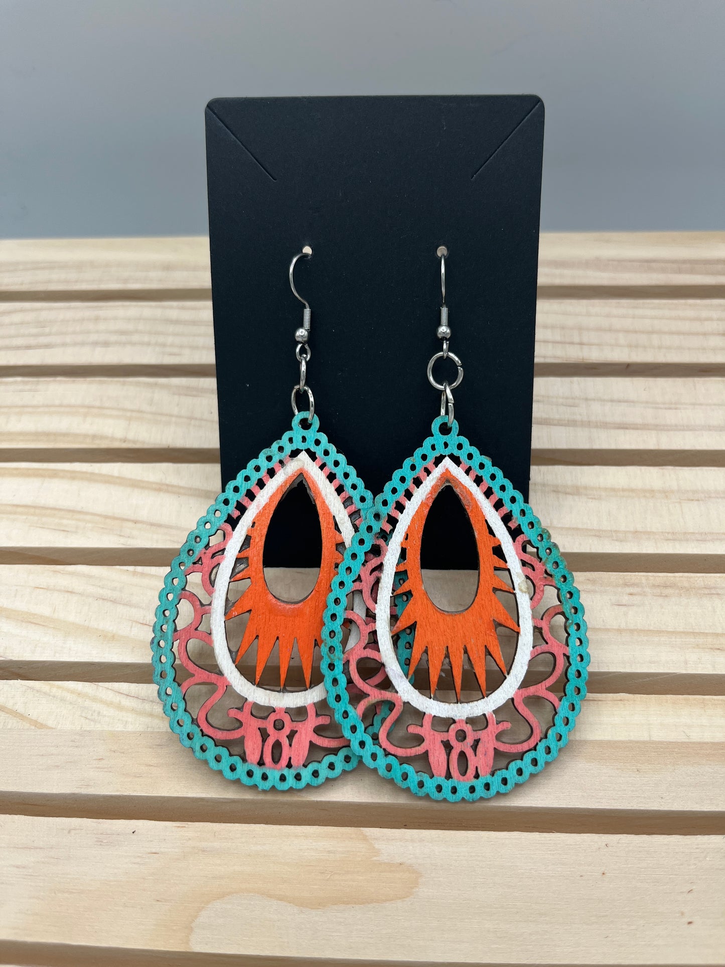Large filigree Peach/Teal/White earrings