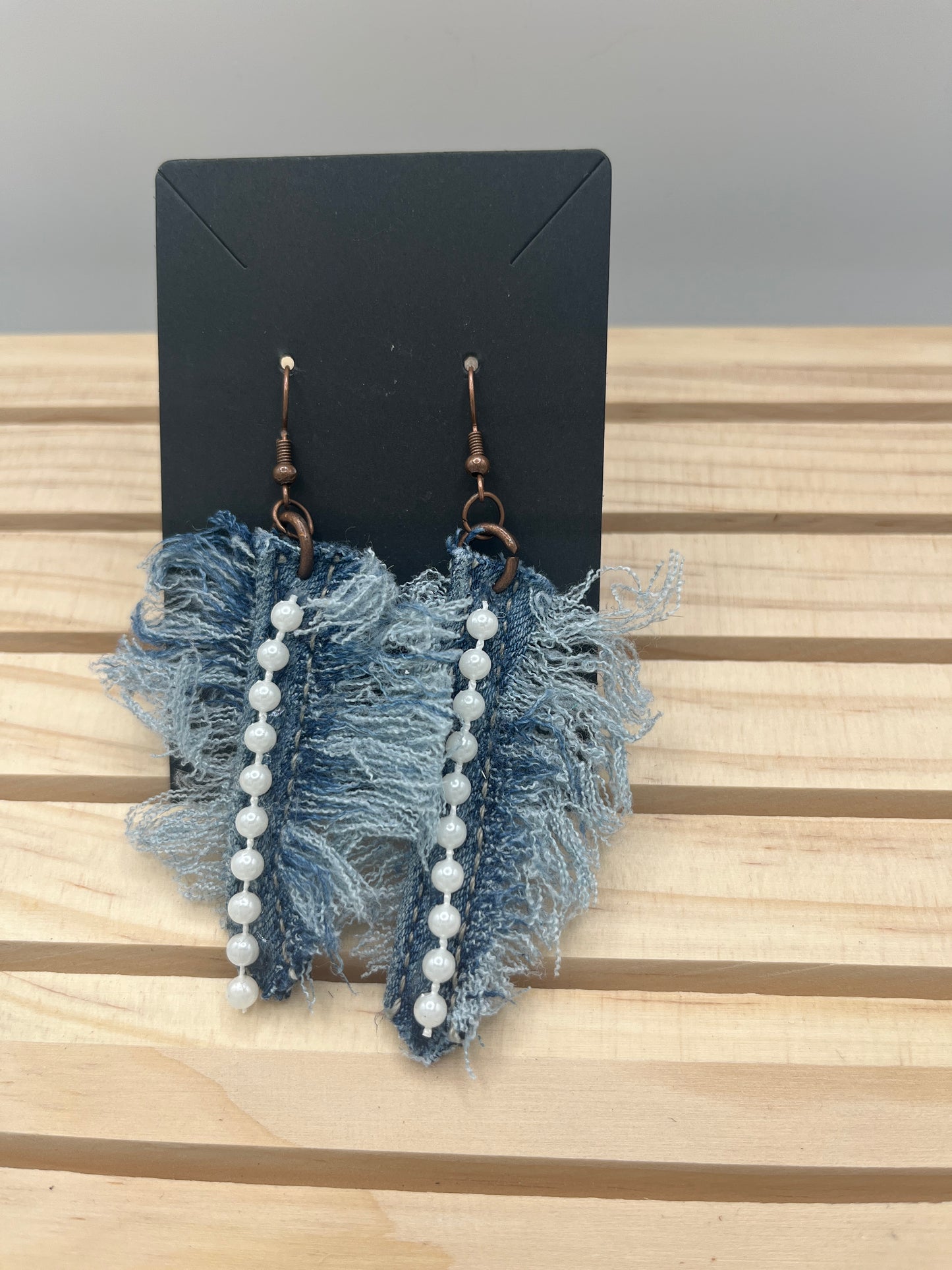 Denim feather and pearl earrings