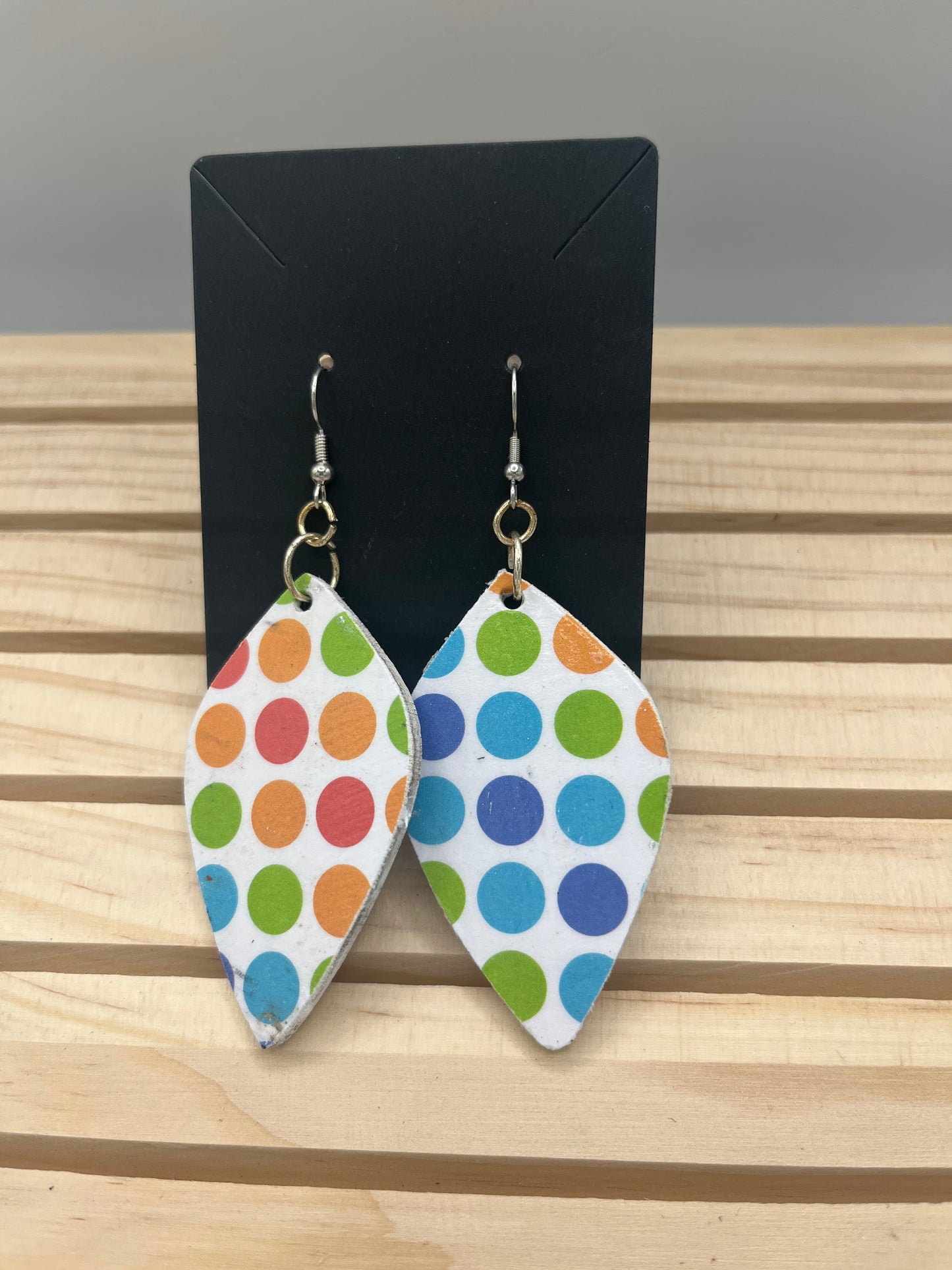 Multi colored polka dot leaf shaped earrings