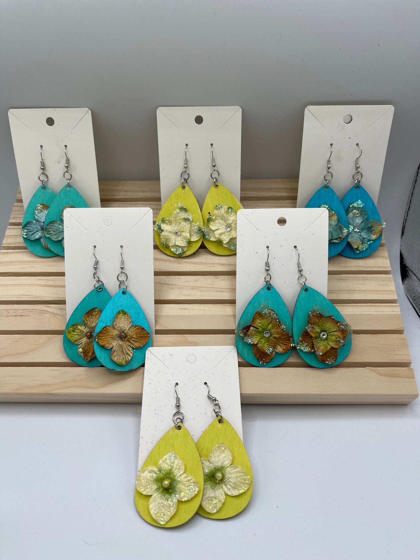 Lt Teal teardrop with 3D flower earrings