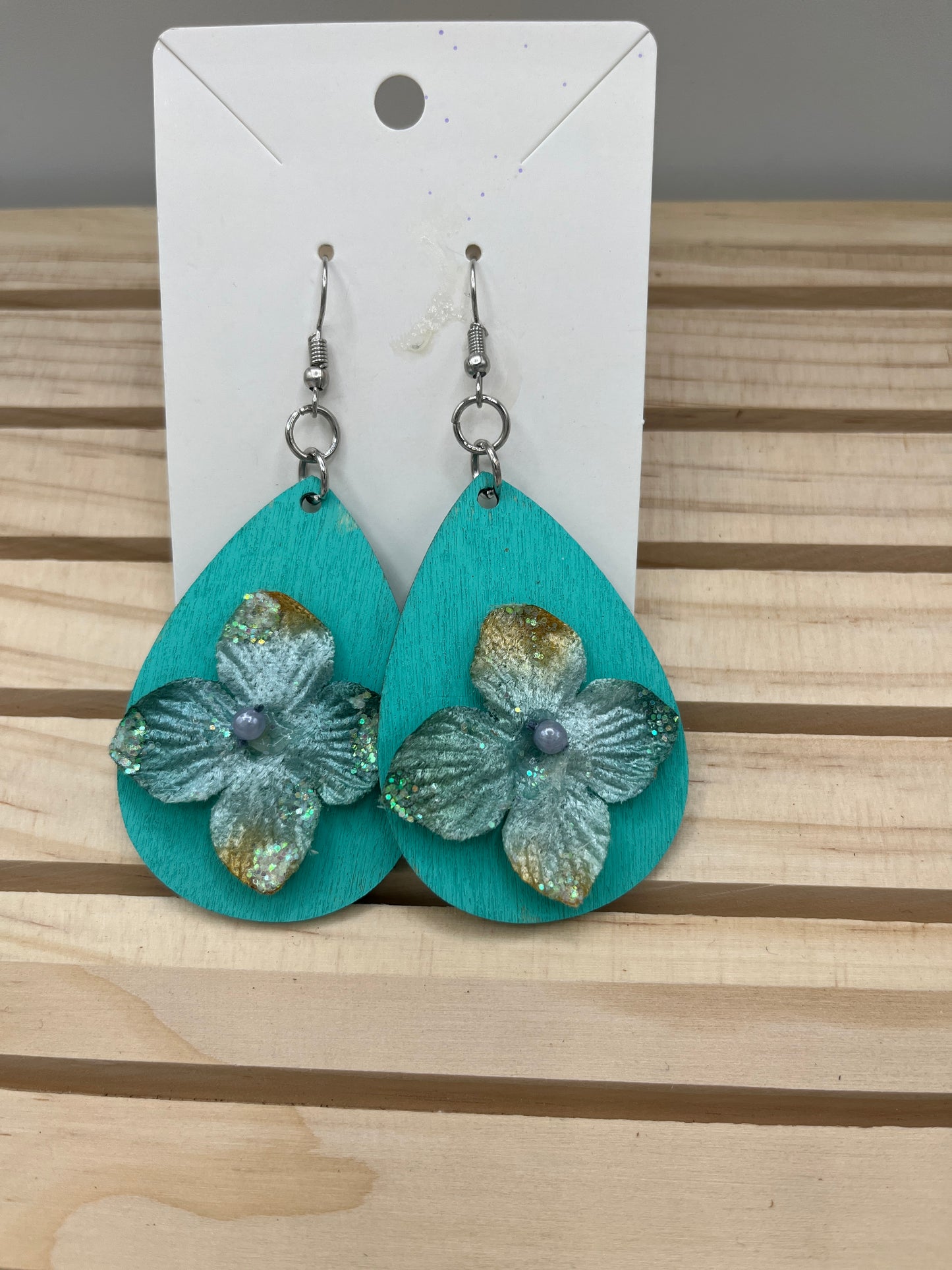Lt Teal teardrop with 3D flower earrings