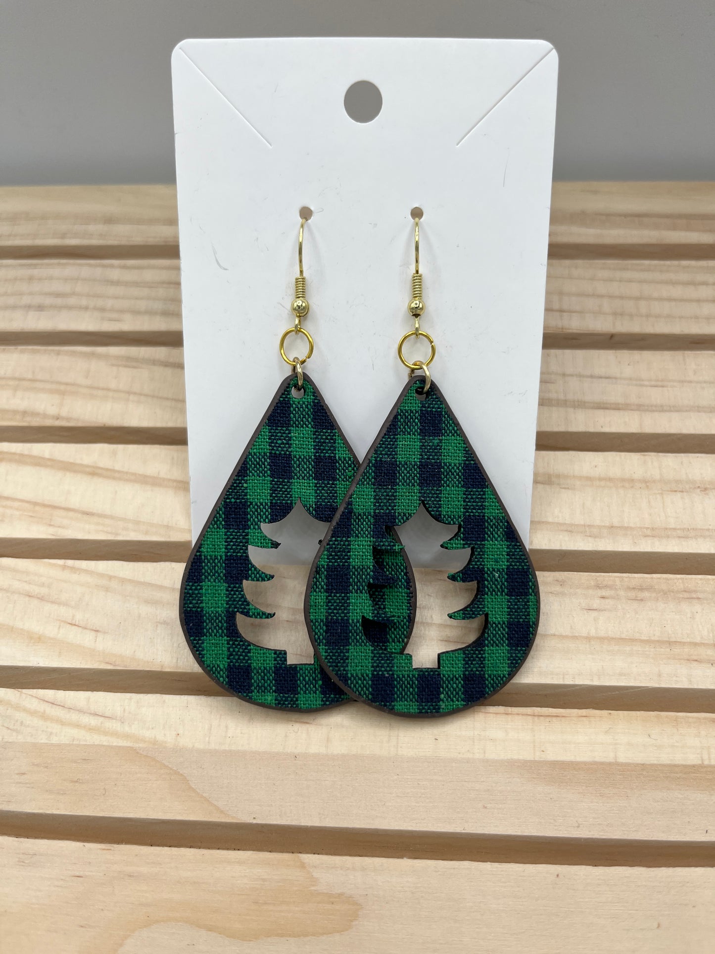 Green plaid teardrop Christmas Earrings
