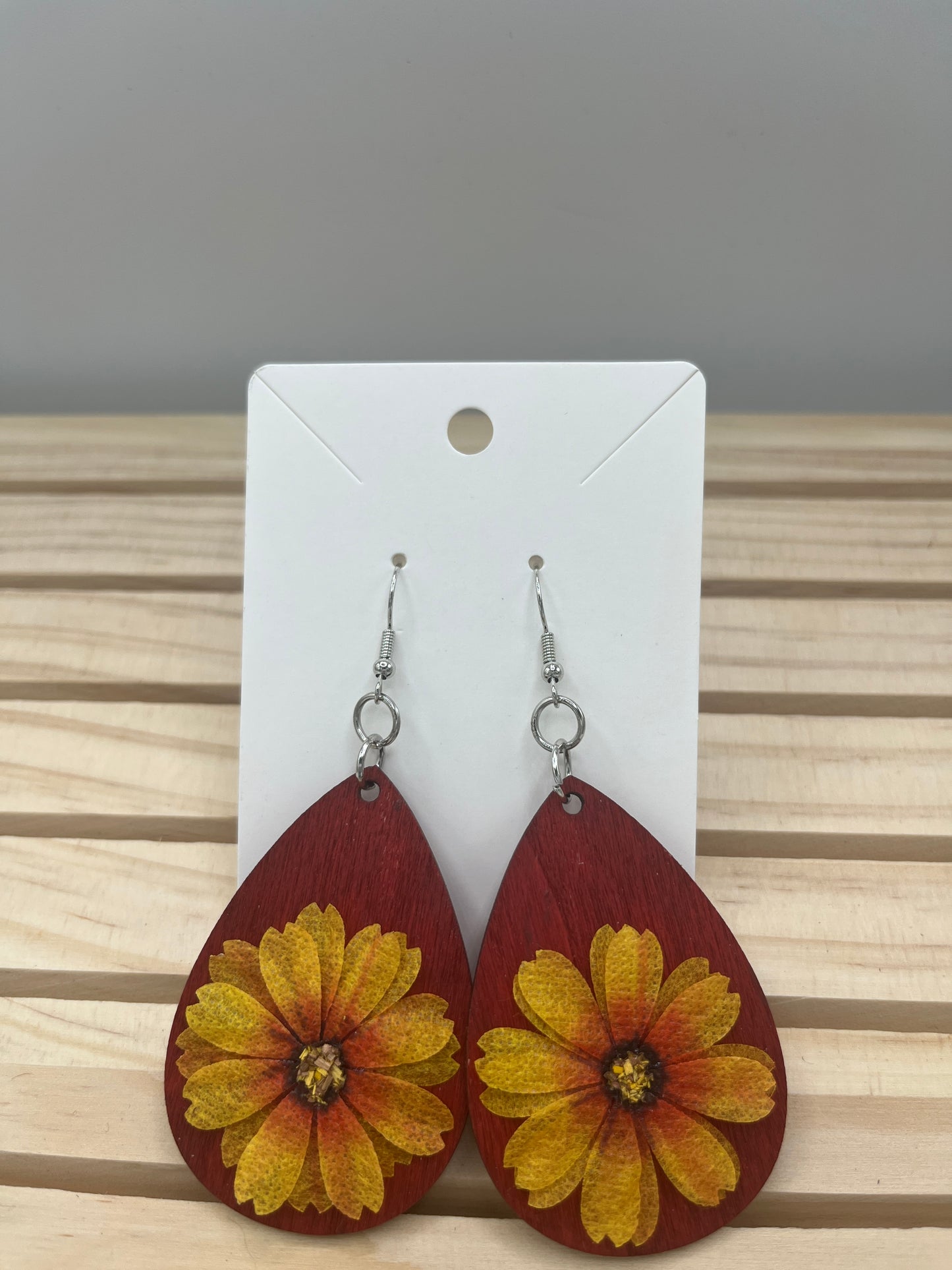 Rust colored with sunflowers teardrop earrings
