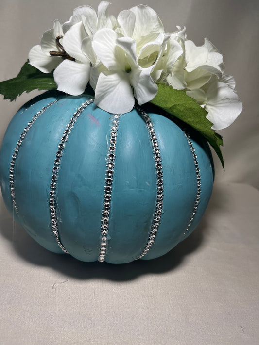 Large Teal Bling Pumpkin with Hydrangeas