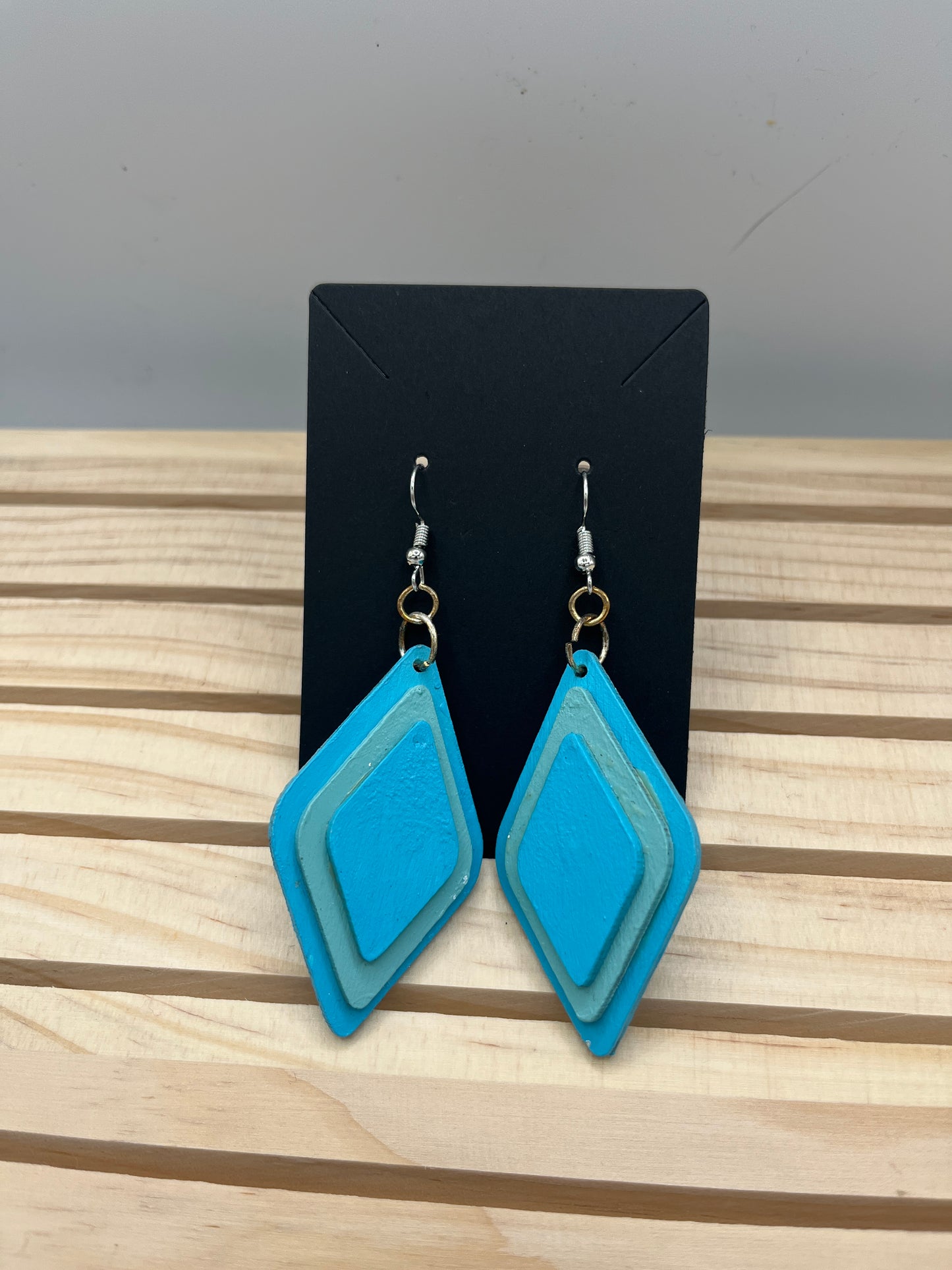 Teal Diamond shaped wood earrings