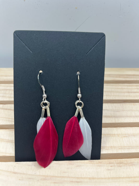 Burgundy and white feather earrings