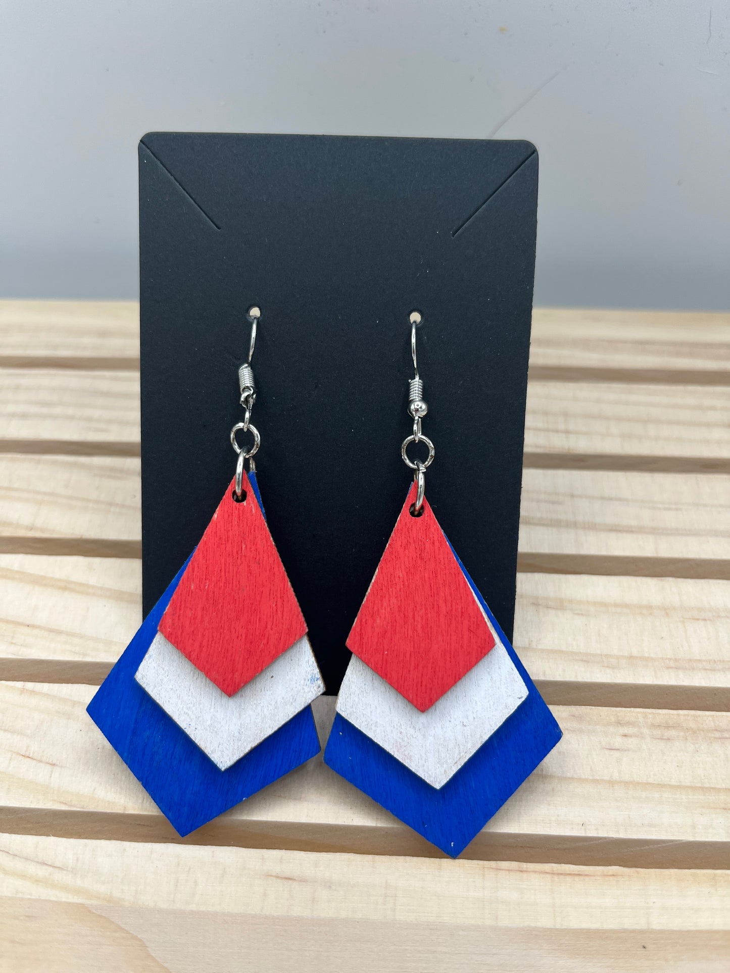 Three tiered diagonal shaped Red White and Blue Earrings