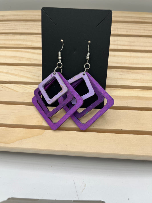 Purple square wooden earrings