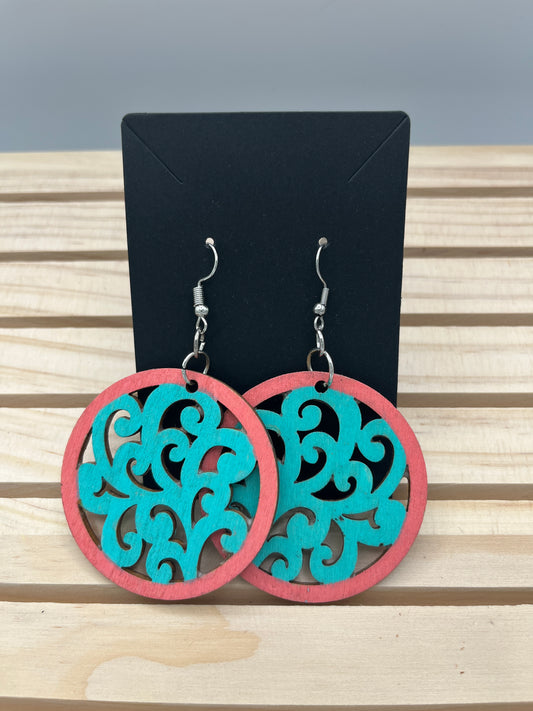 Peach and Teal open cut circle earrings