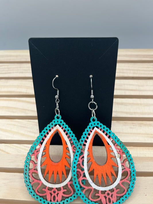 Large filigree Peach/Teal/White earrings