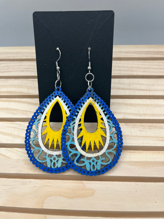 Large filigree teardrop blue/teal/white/yellow earrings