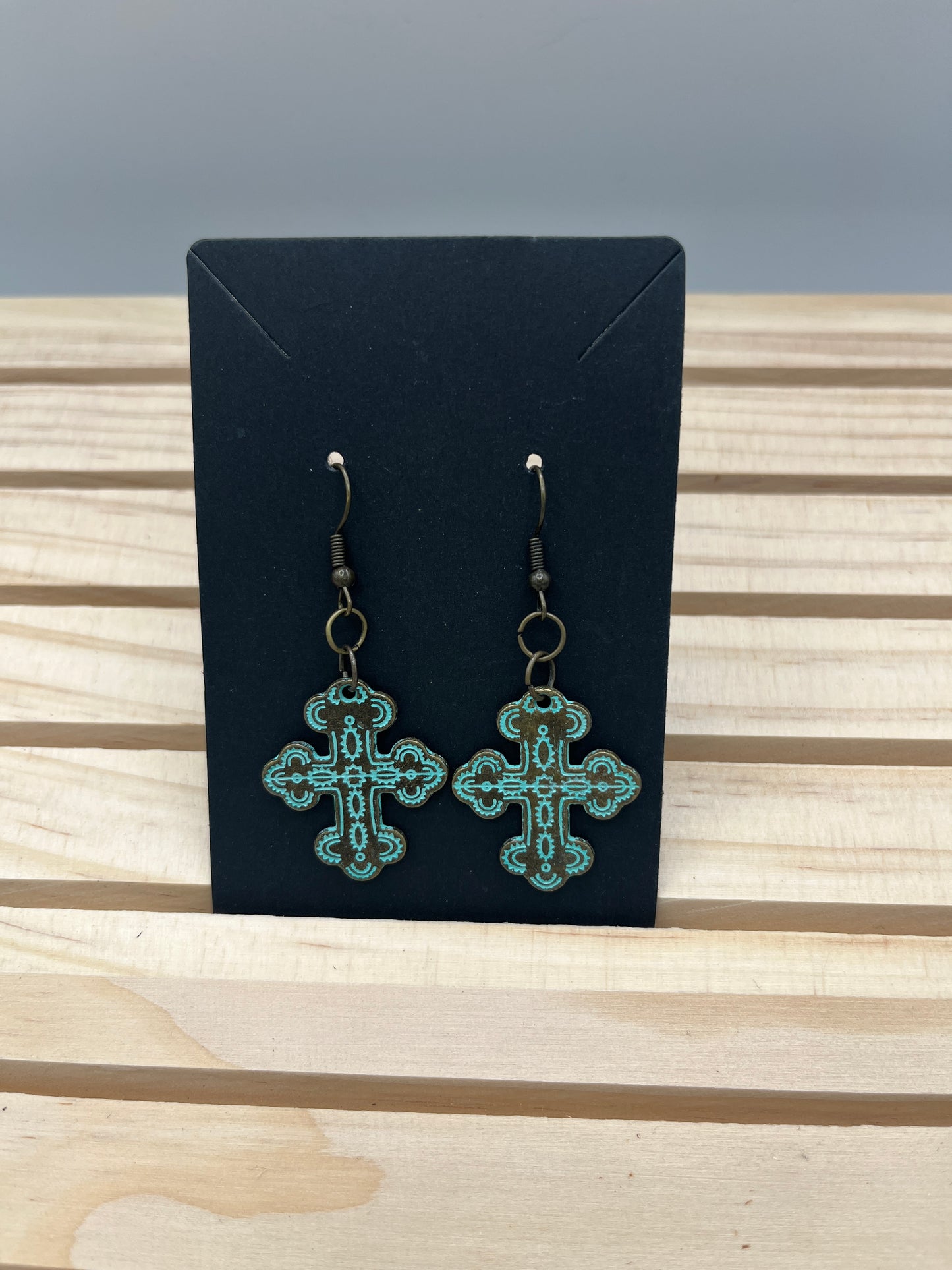 Copper oxidized look solid cross earrings