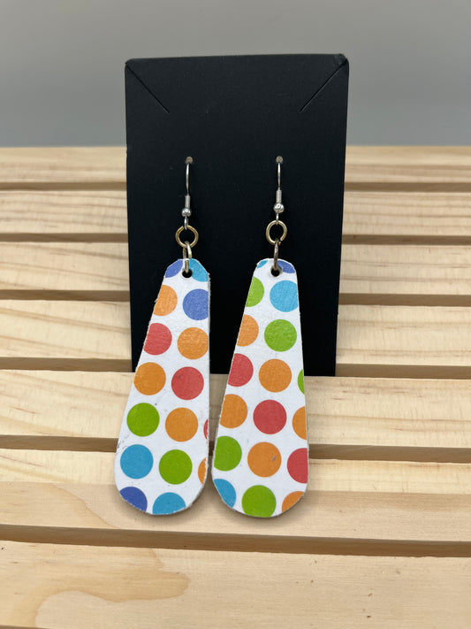 Multi colored polka dot slender teardrop earrings