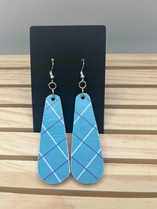 Blue plaid long slender earrings