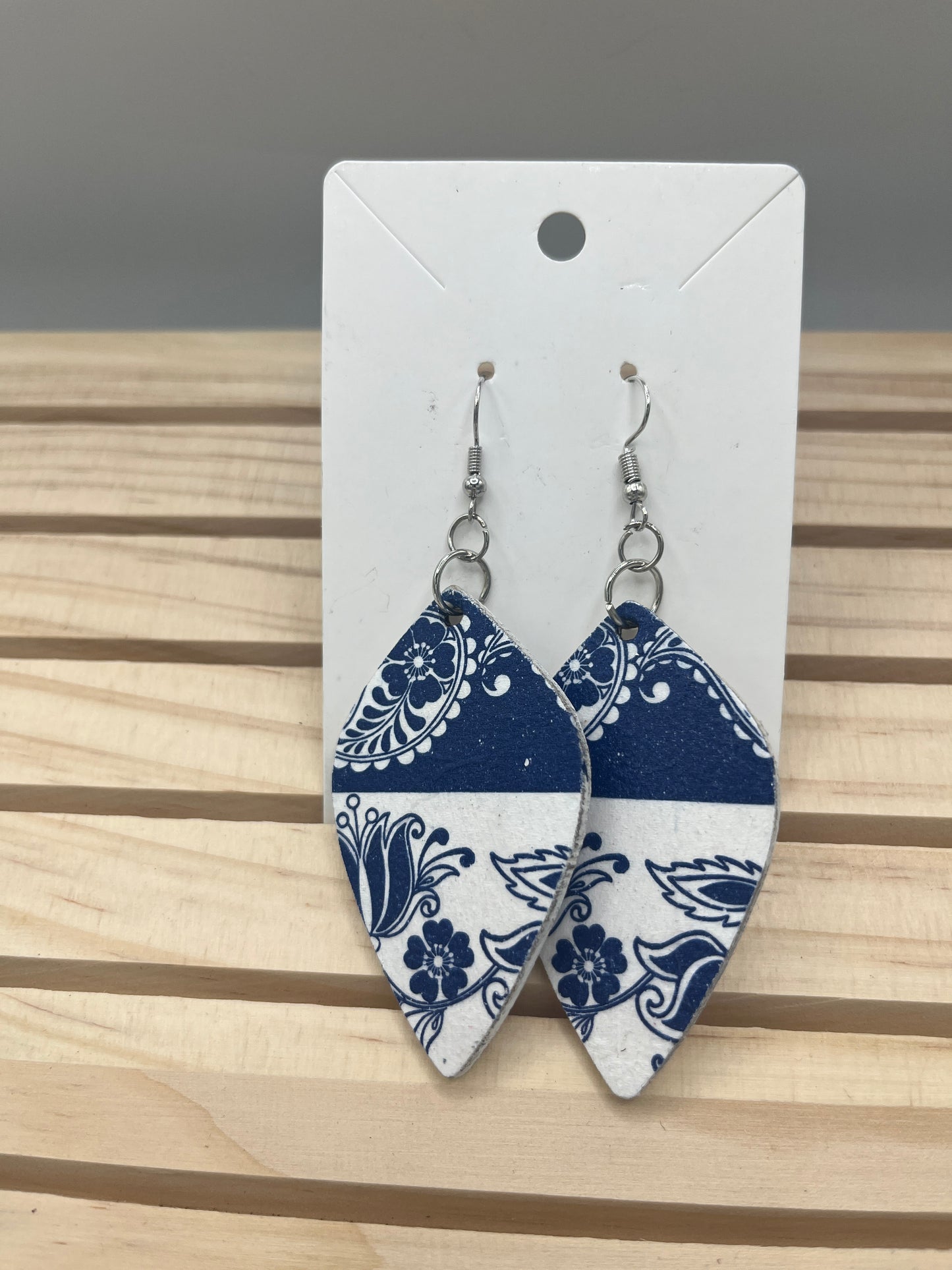 Blue & white floral leaf shaped earrings