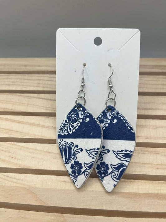 Blue & white floral leaf shaped earrings