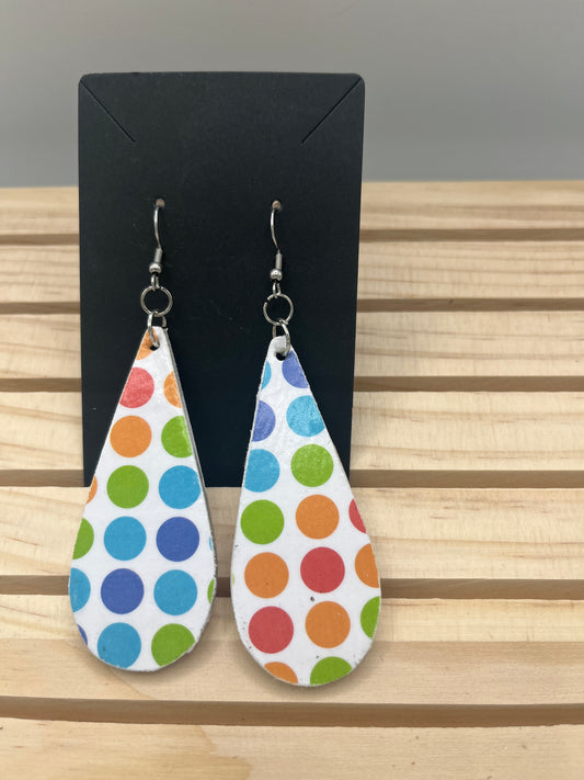 Multi colored polka dot long slender teardrop earrings