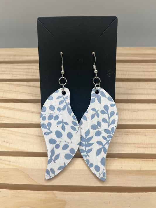 Blue and white leaves on wave earrings