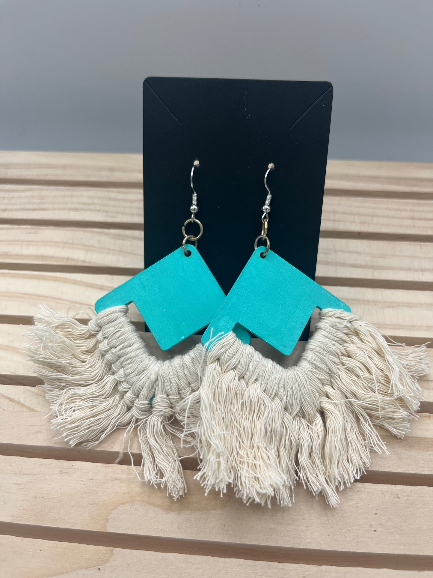 Teal square earrings with beige fringe