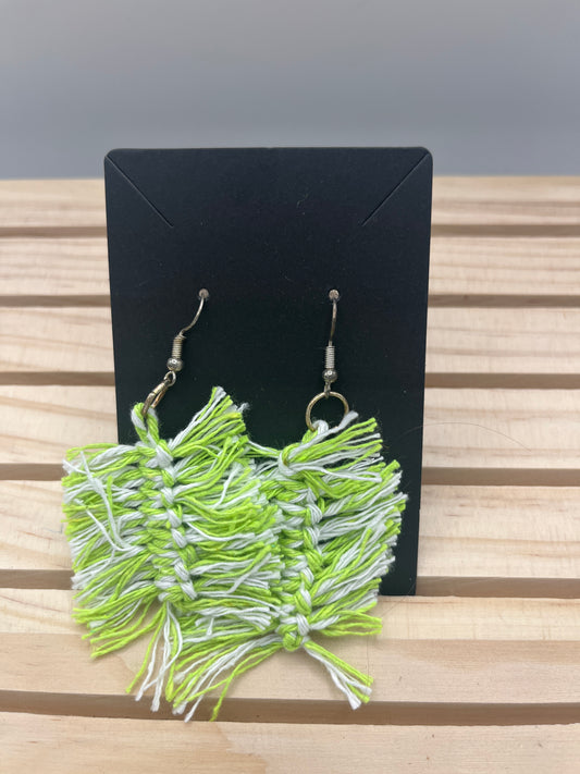 Lime green and white string feather earrings