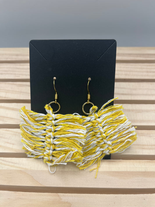 Yellow & white fringe string feather earrings