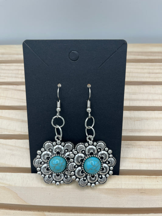 Silver tone Flower with Turquoise center earrings