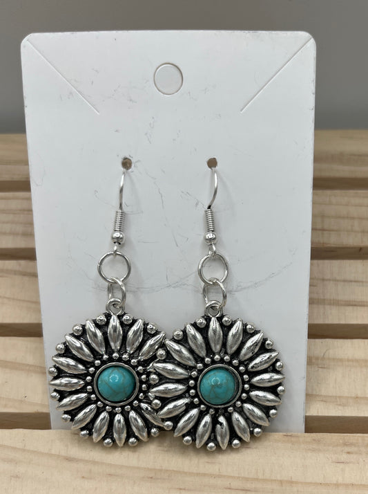 Silver tone sunflower earrings with Turquoise center