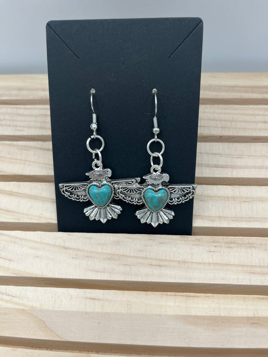 Silver tone Totem Eagle with turquoise stone earrings