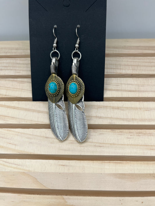 Silver tone Feather with turquoise oval stone earrings