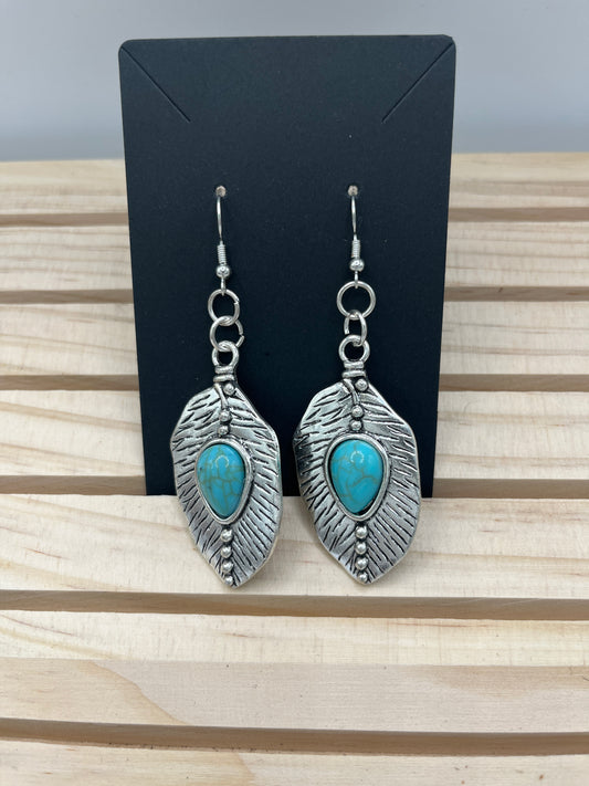 Small silver tone feather Turquoise earrings