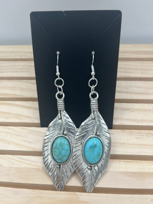 Long Silver tone feather with teardrop turquoise set earrings