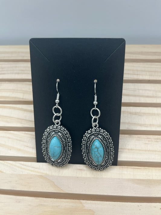 Silver tone oval and turquoise earrings