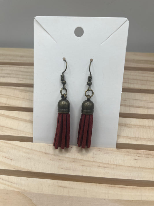 Burgundy leather tassel earrings