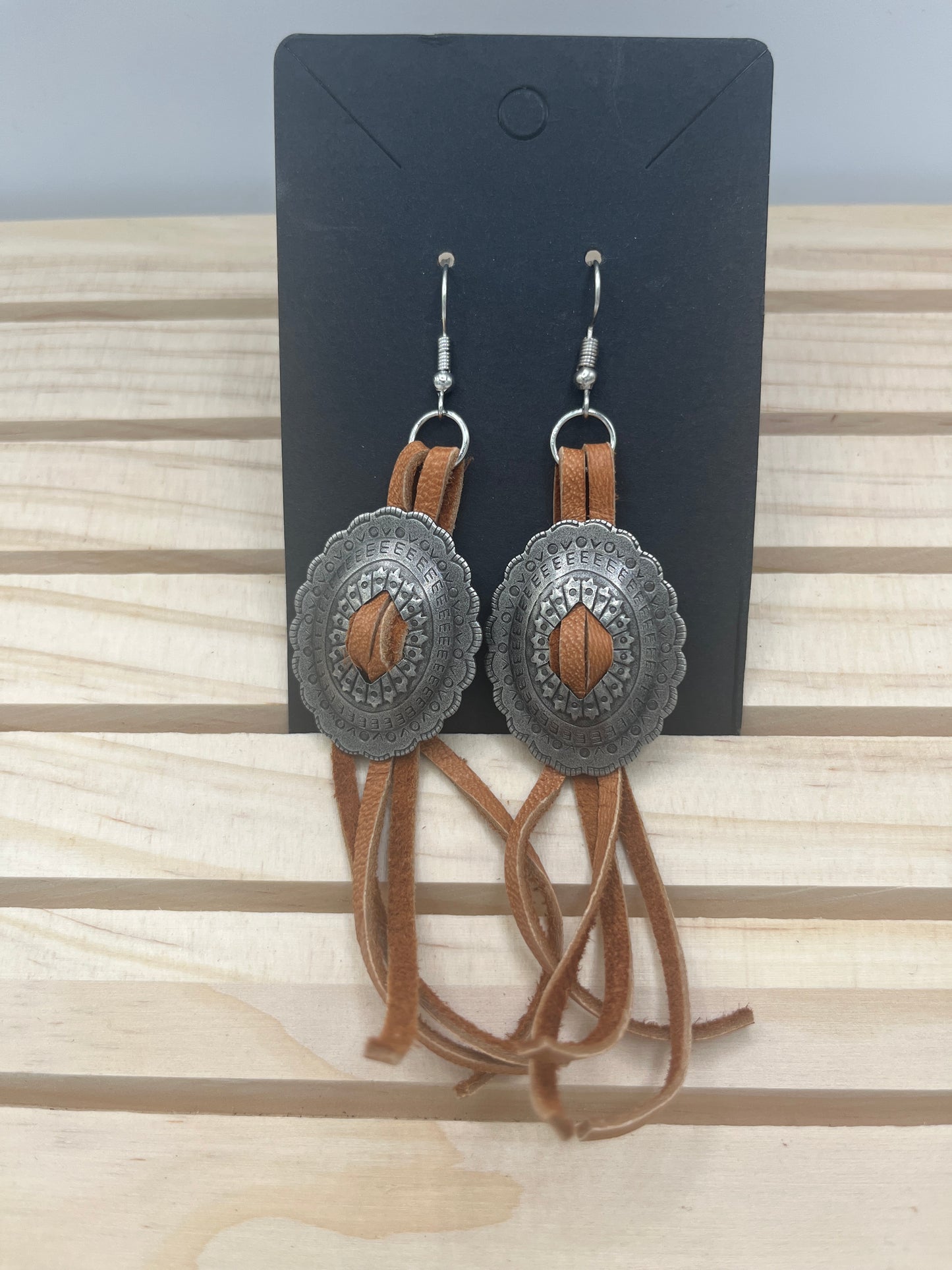 Tan leather conchos earrings