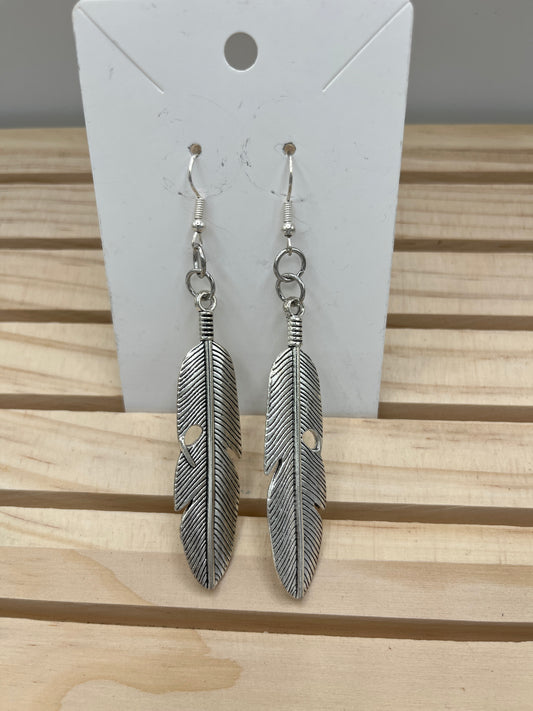 Large metal silver feather earrings