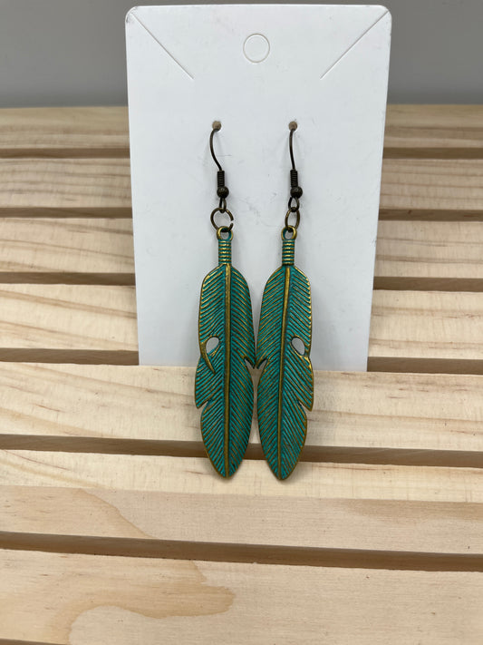 Long Brass oxidized feather earrings