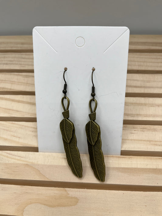 Brass double feather earrings