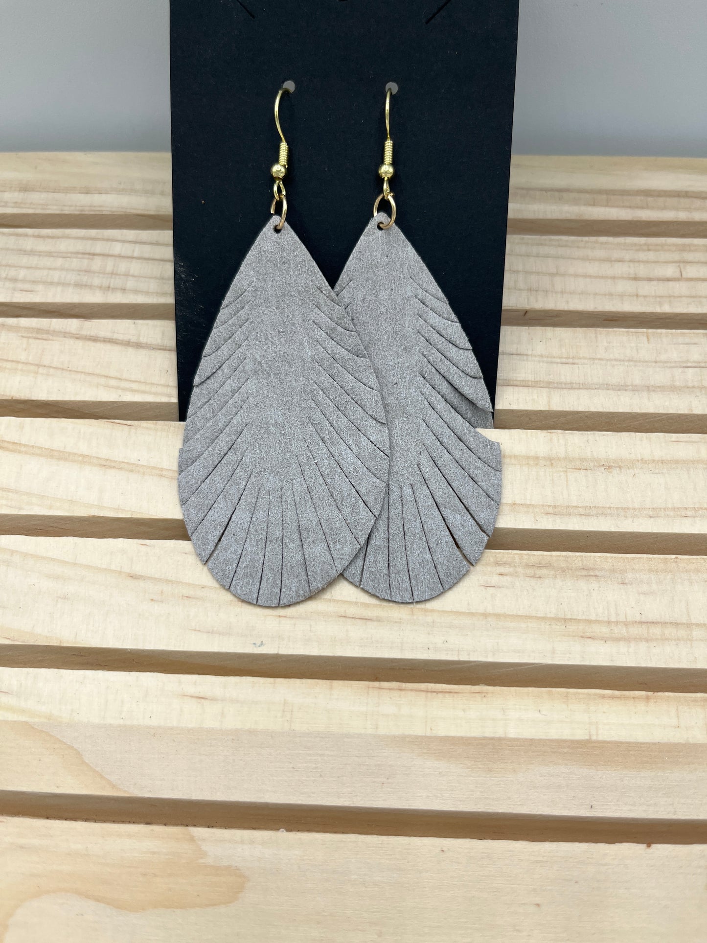 Leather gray feather teardrop earrings