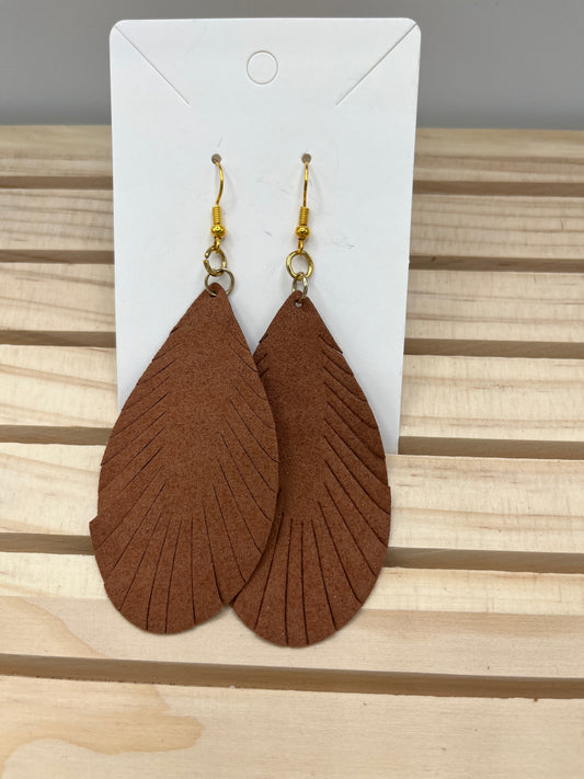 Leather dark tan teardrop feather earrings