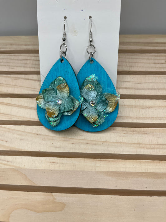 Dark Teal teardrop with 3D floral earrings