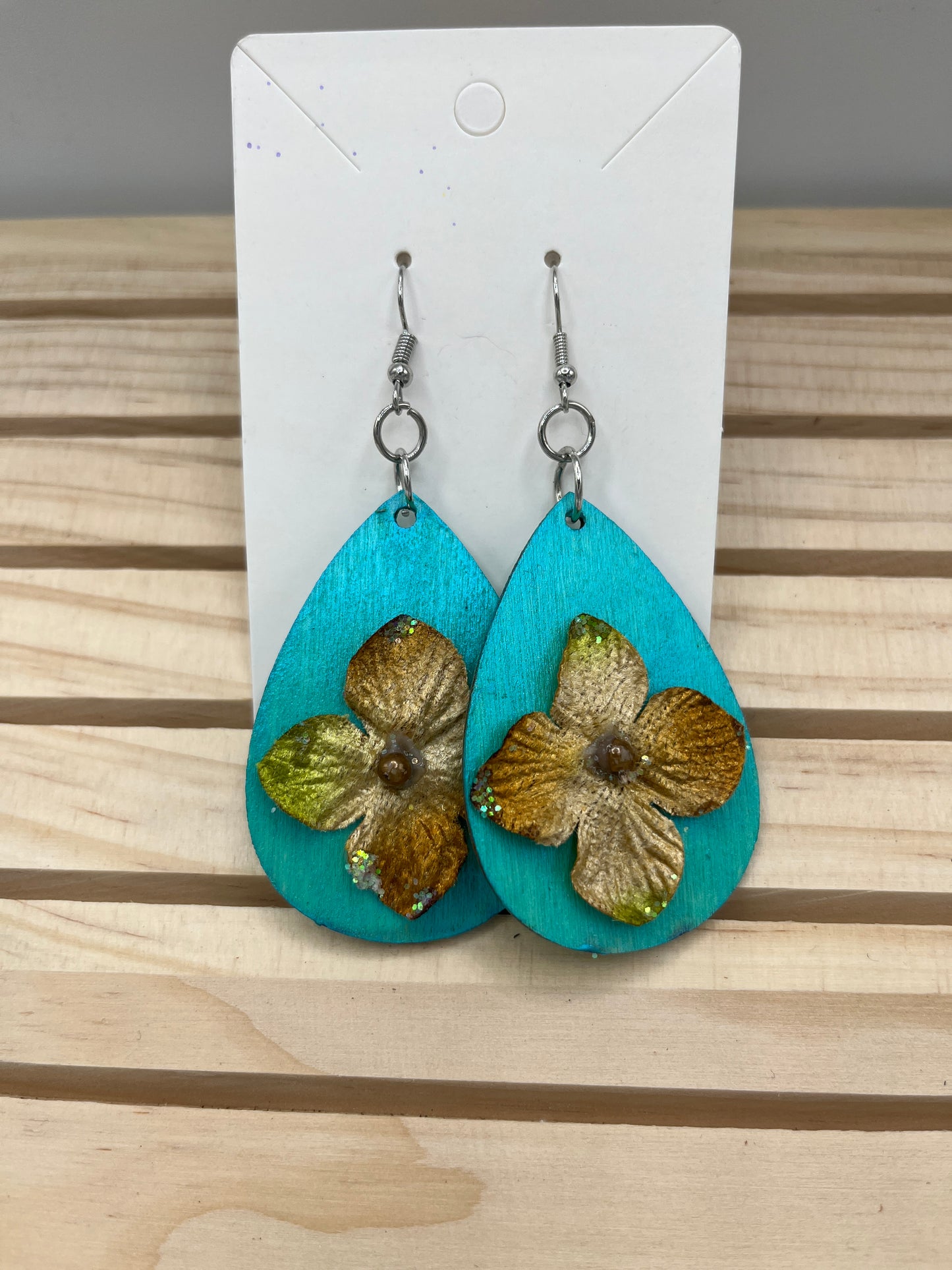 Teal teardrop earrings with 3D floral