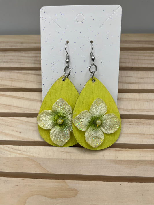 Yellow teardrop earrings with 3D floral and pearl