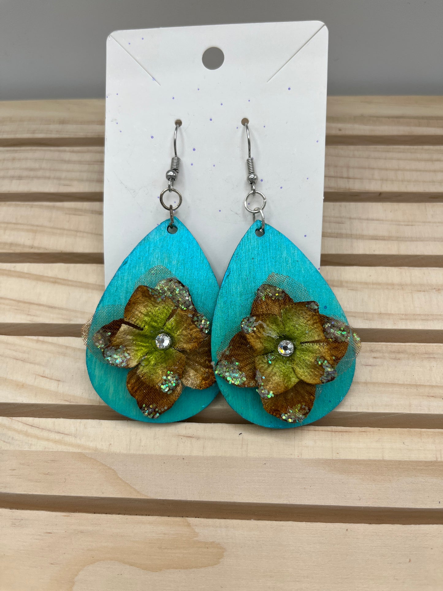 Teal teardrop earrings with 3D floral with crystals