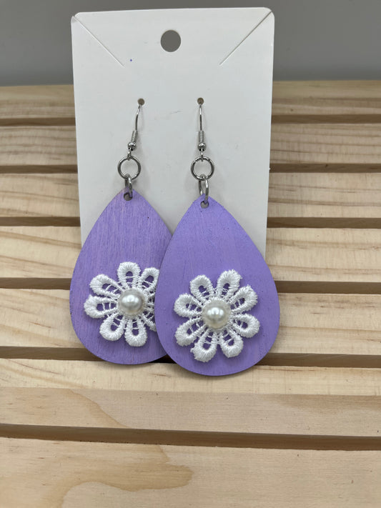 Lavender teardrop earrings with 3D lace flowers