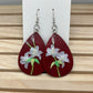 Burgundy teardrop earrings with white lilies