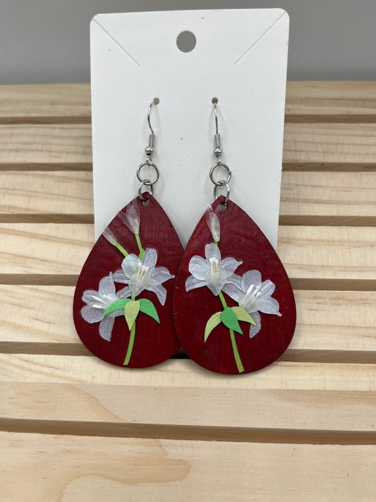 Burgundy teardrop earrings with white lilies