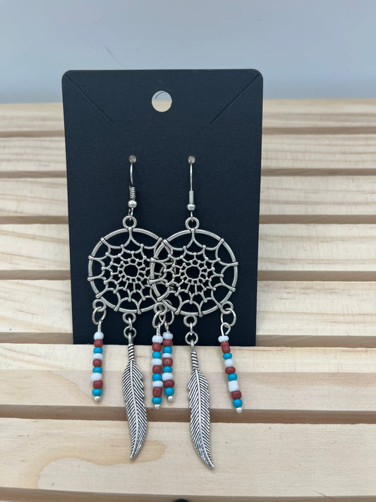 Dreamcatcher with white rust and turquoise beads earrings